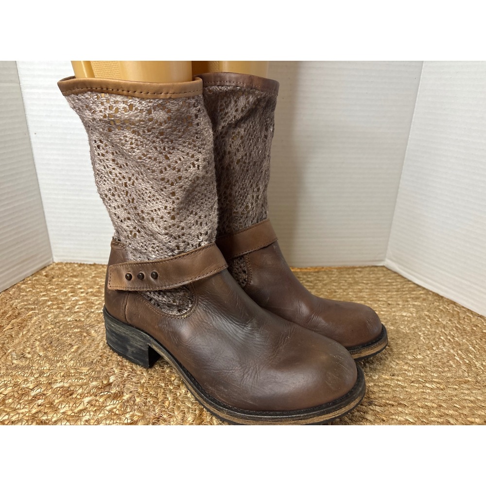 Free People Boots size 38 Leather Crochet Mid Calf Boho Studded Buckle *see pics